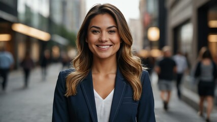 Obraz premium female sales associate on busy urban street background