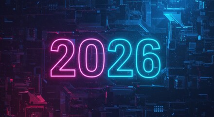 Futuristic digital 2026 neon glowing numbers on tech background