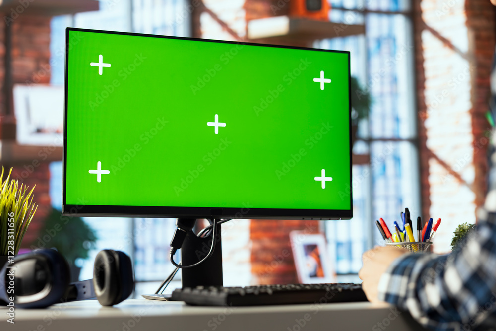 Poster teleworker in apartment office using chroma key pc to analyze sales report and plan business develop