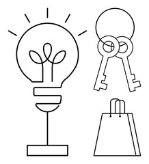 Light bulb with small lines indicating light, crossed old-fashioned keys, shopping bag handle looped 7 portals. Ideal for innovation, security, shopping, creativity, ideas, business and technology
