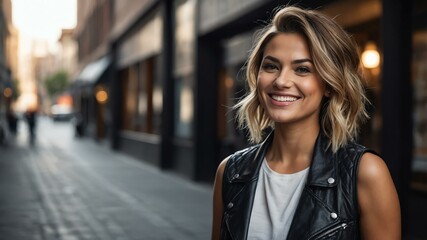 Fototapeta premium female hair stylist on busy urban street background