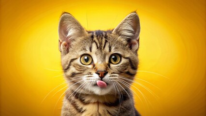 Playful Cat Holding Mouse, Yellow Background - Funny Pet Stock Photo