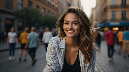 Fototapeta premium female dj on busy urban street background