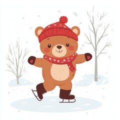 Cute bear ice skate cartoon style