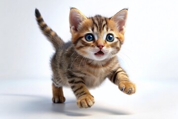 Playful Kitten Mid-Air Jump: Clean Modern 3D Render Panoramic Stock Photo