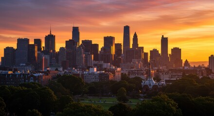 Obraz premium Majestic city skyline at sunset with vibrant orange and purple skies over urban park