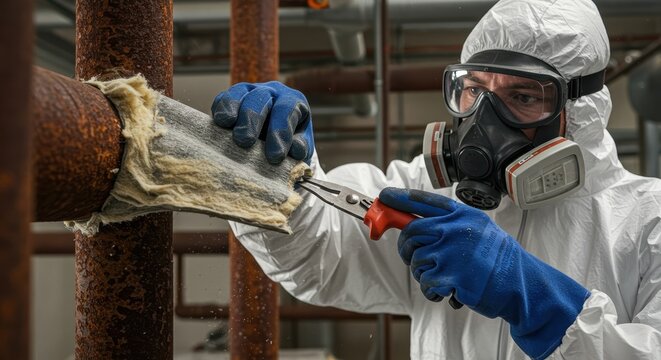 Hazmat professional removing asbestos from rusty pipes in industrial setting
