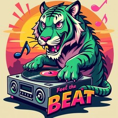 Vibrant tiger dj mixing vinyl with sunset background and musical notes
