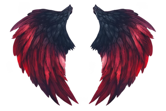 Majestic Red and Black Wings Spread Gracefully Against Dark Background, Symbol of Freedom and Fantasy Art.