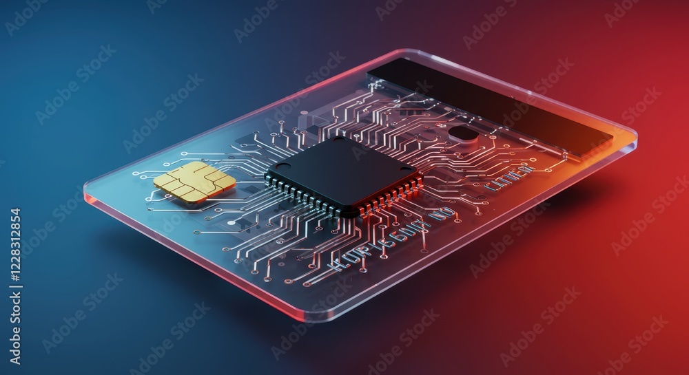 Poster transparent smart card with circuitry and microchip technology on a futuristic background