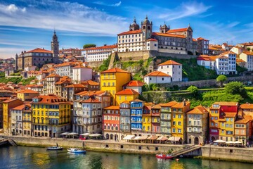 Fototapeta premium Porto Ribeira District & Bishop's Palace: Panoramic View of Colorful Buildings on Douro River
