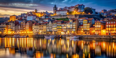Fototapeta premium Porto Ribeira Waterfront Night, Low Light, Portugal, Cityscape, River Douro
