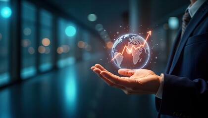 Businessman holds 3D globe with upward trend graph representing global business development in 2025. Success forecast for future business. Hand displays global economic growth. Pro executive