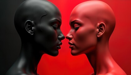 Two faces in profile view stand out against contrasting black, red backgrounds. Smooth contours, minimalistic design highlight duality, contrasting emotions. Minimalist art style, profile faces,
