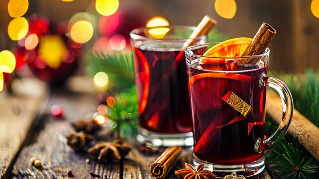 Two glasses of mulled wine, A traditional hot drink synonymous with Christmas time, Ai Generated