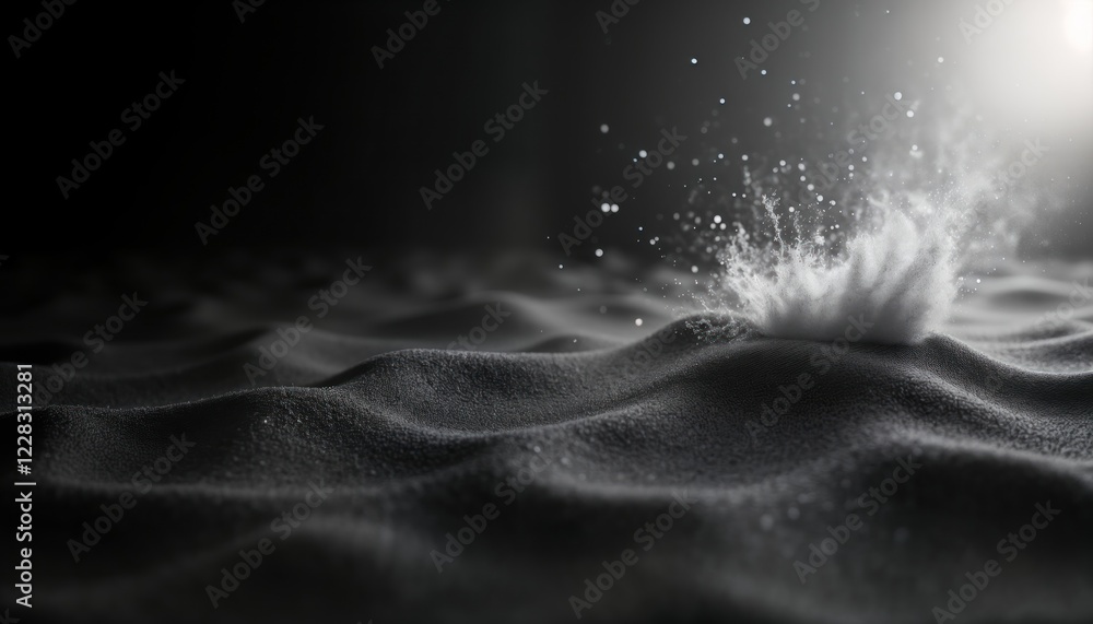 Poster dark matte textured surface with floating dust particles. soft light illuminates central impact poin