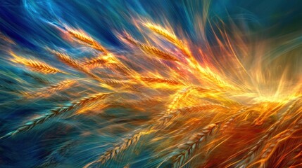 Rays of sunlight illuminating golden wheat fields during a sunset in vibrant colors. Generative AI