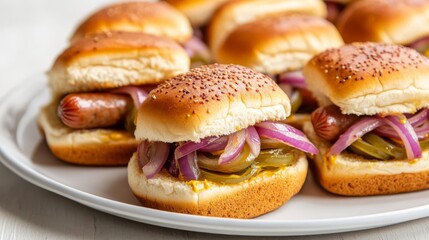 Hot dog sausage sliders with pickled onions and tangy mustard glaze