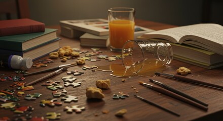 Spilled juice on puzzle pieces amid books and brushes on wooden table