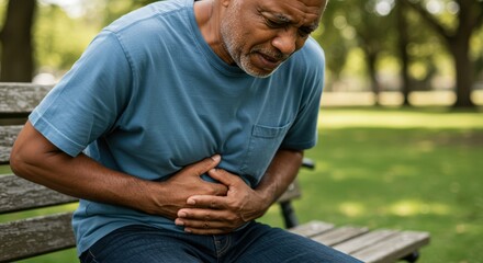 Fototapeta premium Senior man experiencing stomach pain on a park bench outdoors in summer