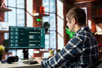 Man speaking with AI GPT trained on vast amounts of textual data to understand and produce natural sounding human language. Person in apartment talks with LLM powered chatbot