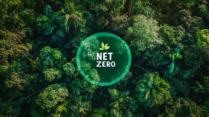 Net zero and carbon neutral concept.Net Zero text in bubbles with forest. for net zero greenhouse gas emissions target Climate neutral long term strategy on a green background. Carbon Neutrality