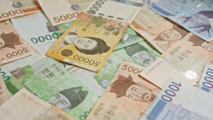 South korean won banknotes displayed in a scattered layout highlighting various denominations with distinct colors and cultural elements of south korea.