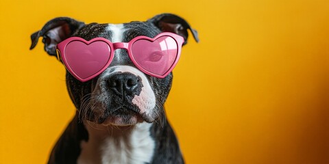 Cute Border Collie dog wearing pink heart-shaped glasses on a soft pink background. Great for Valentine's Day campaigns or pet-themed promotions.