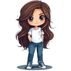 Clipart of a chibi girl with long  hair, big eyes, and a white t-shirt.