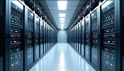 Modern server room displays neat racks, cables. Organized tech infrastructure under soft white lights. Future-oriented tech workspace. Efficient data center. High-tech computing facility. Secure
