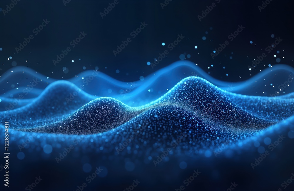 Poster abstract futuristic design with wavy blue particle patterns. dynamic glowing blue dots form smooth f