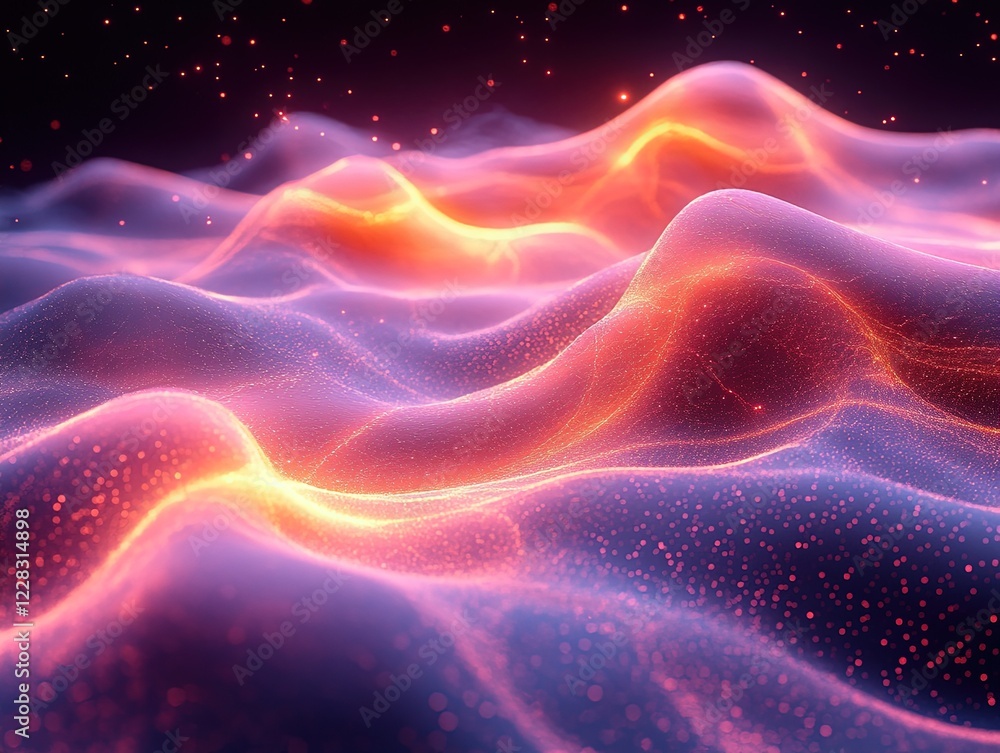 Poster abstract waves glow with sparkling dots against a dark background for graphic design