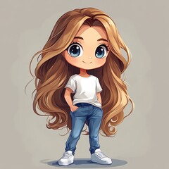 Clipart of a chibi girl with long  hair, big eyes, and a white t-shirt.