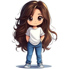 Clipart of a chibi girl with long  hair, big eyes, and a white t-shirt.