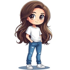 Clipart of a chibi girl with long  hair, big eyes, and a white t-shirt.