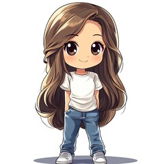 Clipart of a chibi girl with long  hair, big eyes, and a white t-shirt.