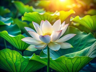 Obraz premium Pure White Lotus Flower with Green Leaves - Peaceful Water Lily Bloom Stock Photo