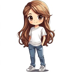 Clipart of a chibi girl with long  hair, big eyes, and a white t-shirt.