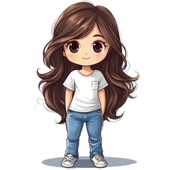 Clipart of a chibi girl with long  hair, big eyes, and a white t-shirt.