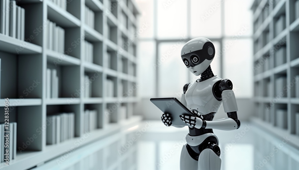 Poster ai robot in library reads book on digital tablet. futuristic minimal style. white color scheme. educ