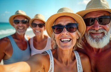 Group of senior people happily taking selfie on beach during summer vacation. Wearing sunglasses, hats. Smiling, looking at camera. Scene suggests joy, happiness in retirement. Group of friends