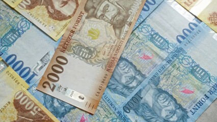 Hungarian forint banknotes scattered in a close-up view showcasing colorful currency featuring historical figures and intricate designs.