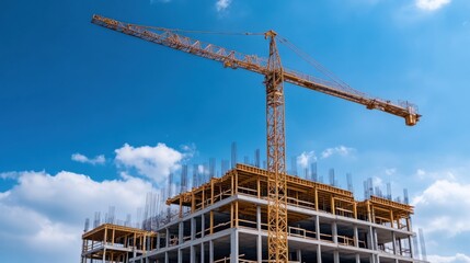 Construction Site with Crane and Blue Sky Above, Showcasing Urban Development and Modern Architecture