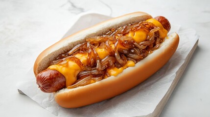 Hot dog sausage with caramelized onions and melted cheddar cheese