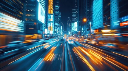 Obraz premium High-speed road in the city at night, light trails of cars and buildings, blurred motion, urban background, blue neon lights, wide angle, cityscape.