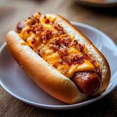 Hot dog sausage with cheddar cheese and bacon crumbles in a toasted bun