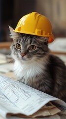 Adorable cat wearing a construction helmet sitting on architectural blueprints, playful work concept