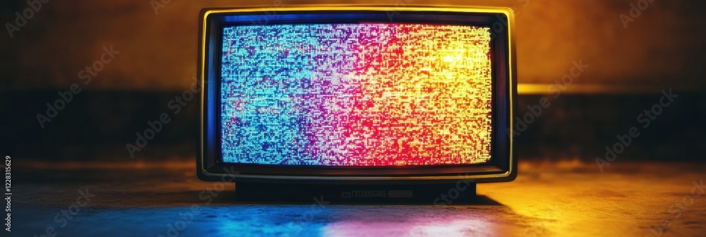Poster retro television screen displays colorful glitch patterns and static noise in an atmospheric setting