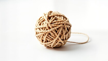 Beige ball of twine isolated on plain white background. Simple craft material. Sustainable, eco-friendly option. Minimalist design suitable for hobbyist, DIY projects. Natural fiber ball ready for