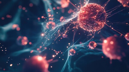 Obraz premium An abstract representation of a human immune system with glowing defense cells and health data, set against a dark background, Conceptual style